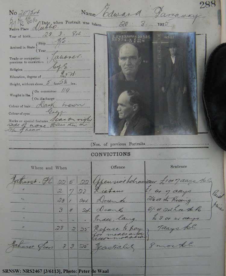 SRNSW: NRS2467, [3/6113], State Penitentiary photographic description book, 11 Oct 1924-26 Mar 1925, No. 20754, p. 288.