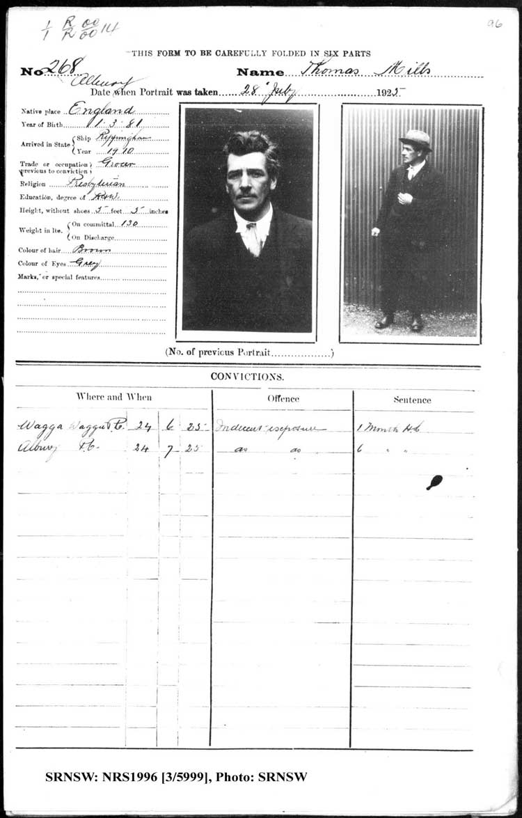 SRNSW: NRS1966, [3/5999], Albury Gaol photographic description book, 1910-1929, No. 268, p. 96, R5082.