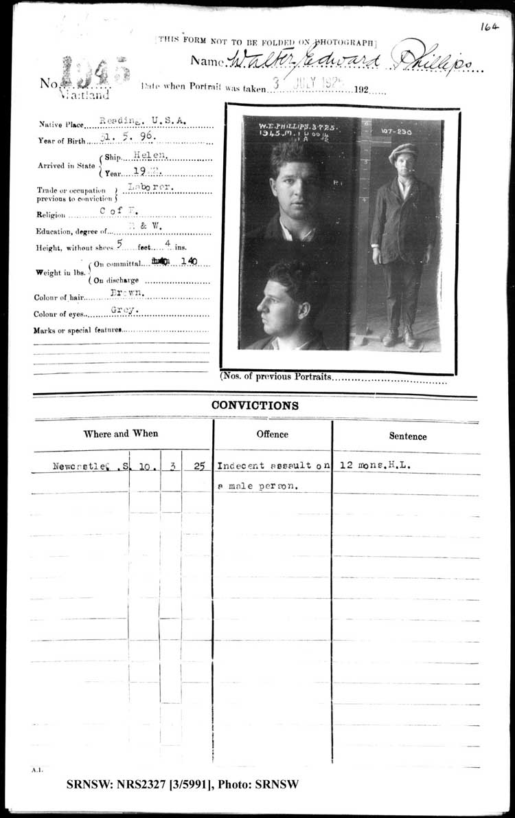 SRNSW: NRS2327, [3/5991], Maitland Gaol photographic description book, 1875-1930, No. 1945, p. 164, R5132.