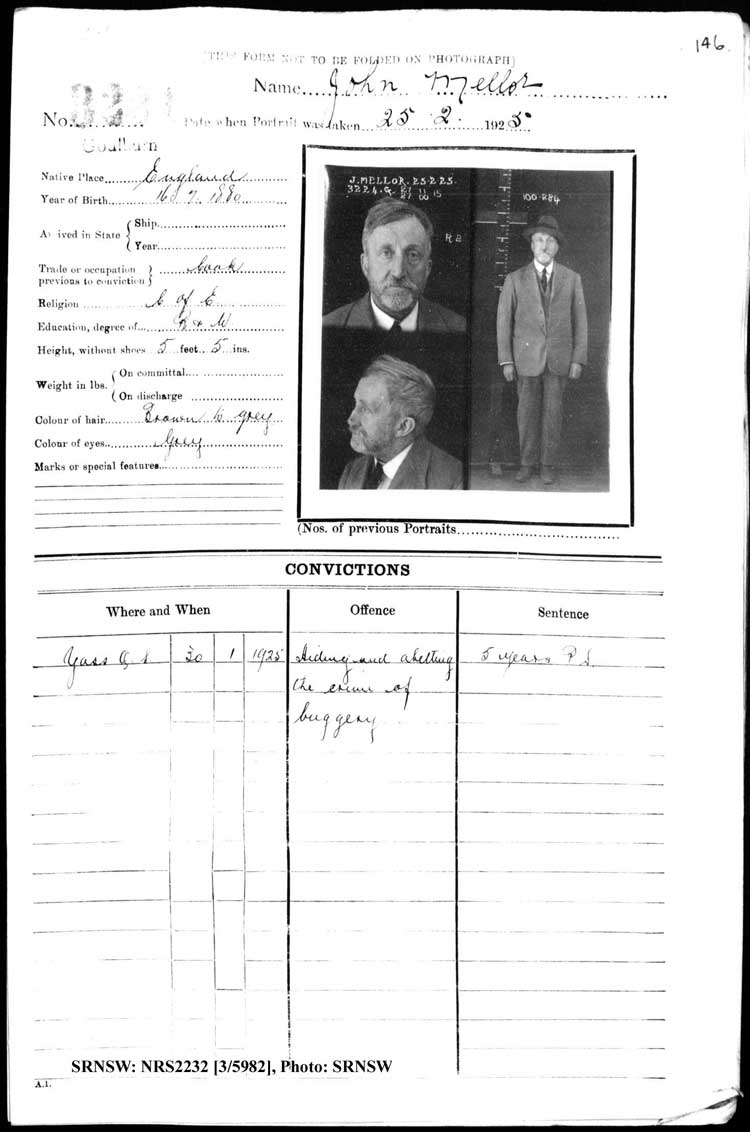 SRNSW: NRS2232, [3/5982], Goulburn Gaol photographic description book, 25 Jul 1922-30 Mar 1928, No. 3224, p. 146, R5123.