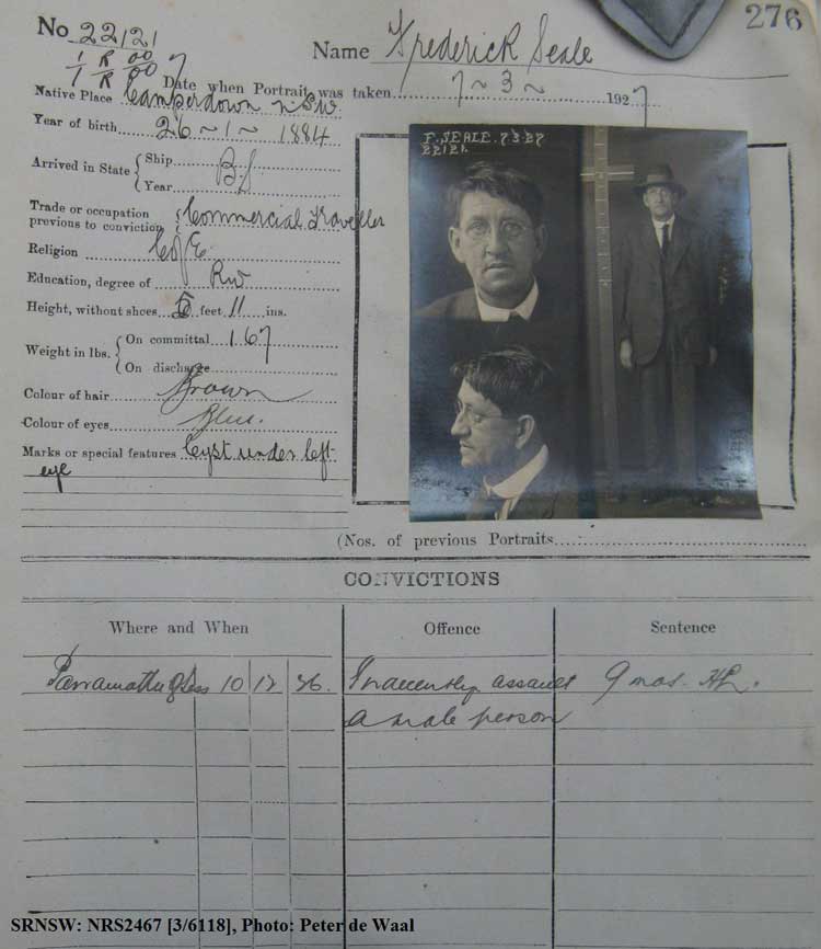 SRNSW: NRS2467, [3/6118], State Penitentiary photographic description book, 19 Nov 1926-5 May 1927, No. 22121, p. 276.