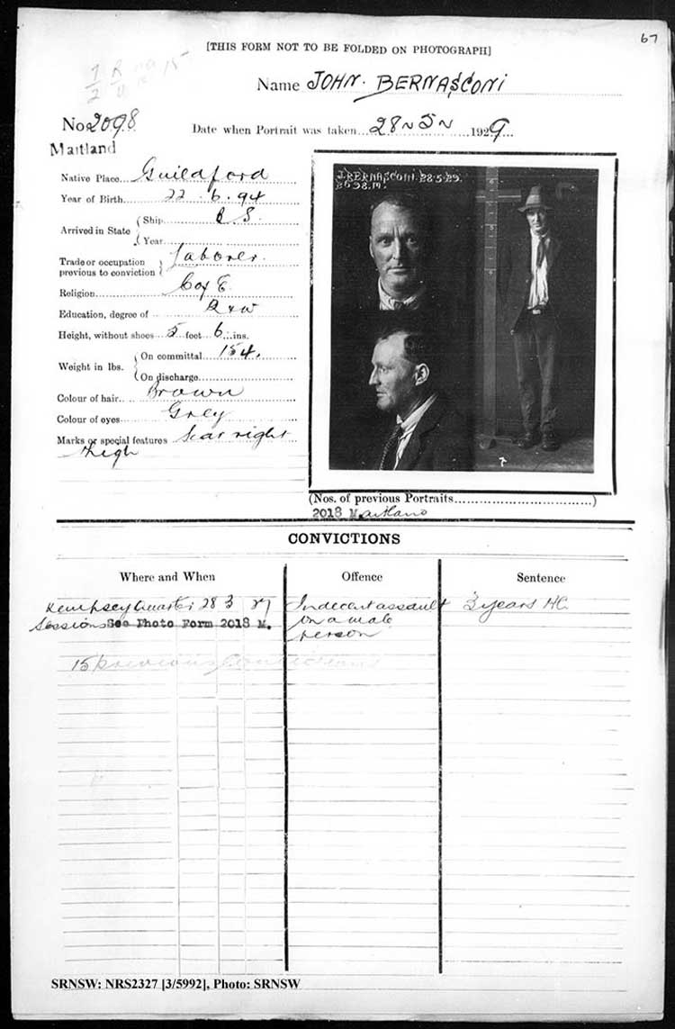SRNSW: NRS2327, [3/5991], Maitland Gaol photographic description book, 1875-1930, No. 2098, p. 67, R5132.