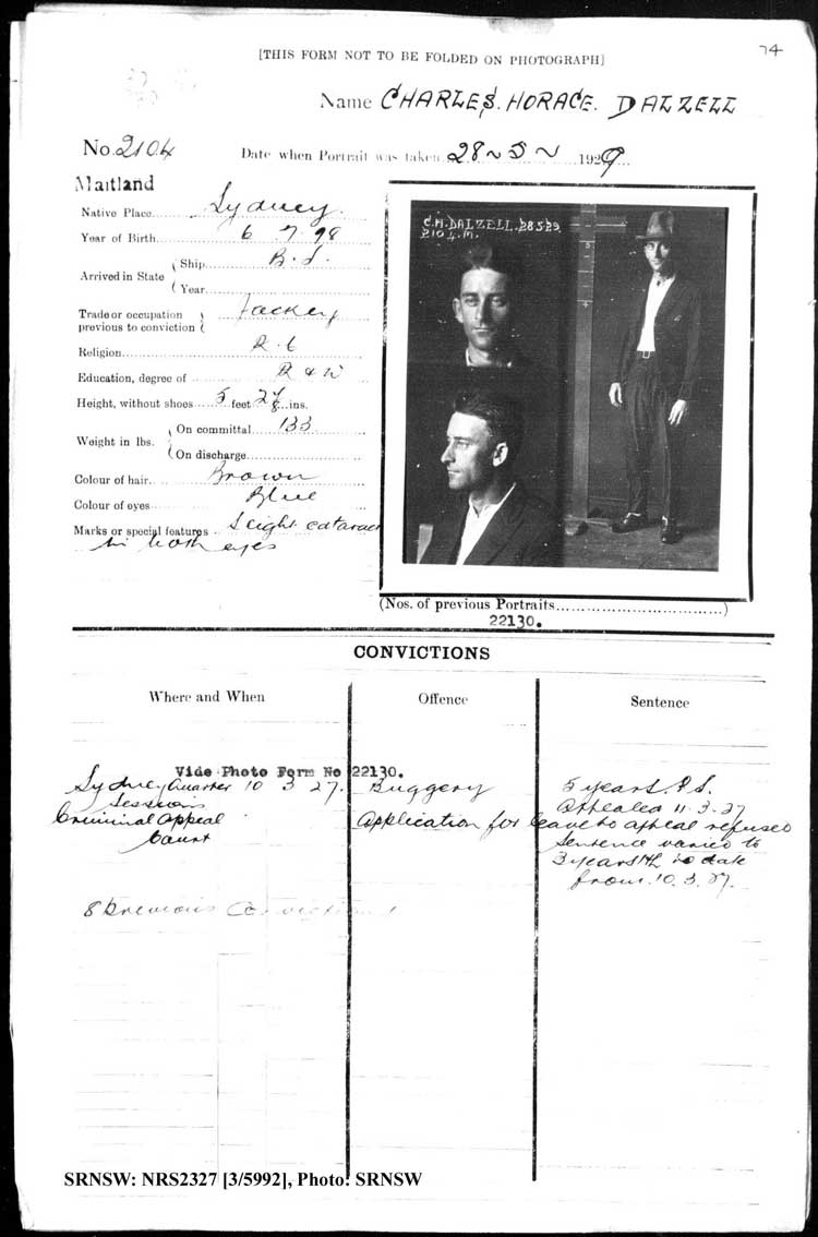 SRNSW: NRS2327, [3/5992], Maitland Gaol Photograph description sheets, 1875-1930, No. 2104, p. 74, R5132.