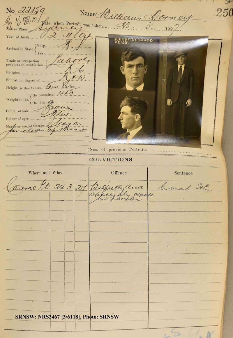  250, R5158. SRNSW: NRS2467, [3/6118], State Penitentiary photographic description book, 19 Nov 1926–5 May 1927, No. 22159, p. 243 or
