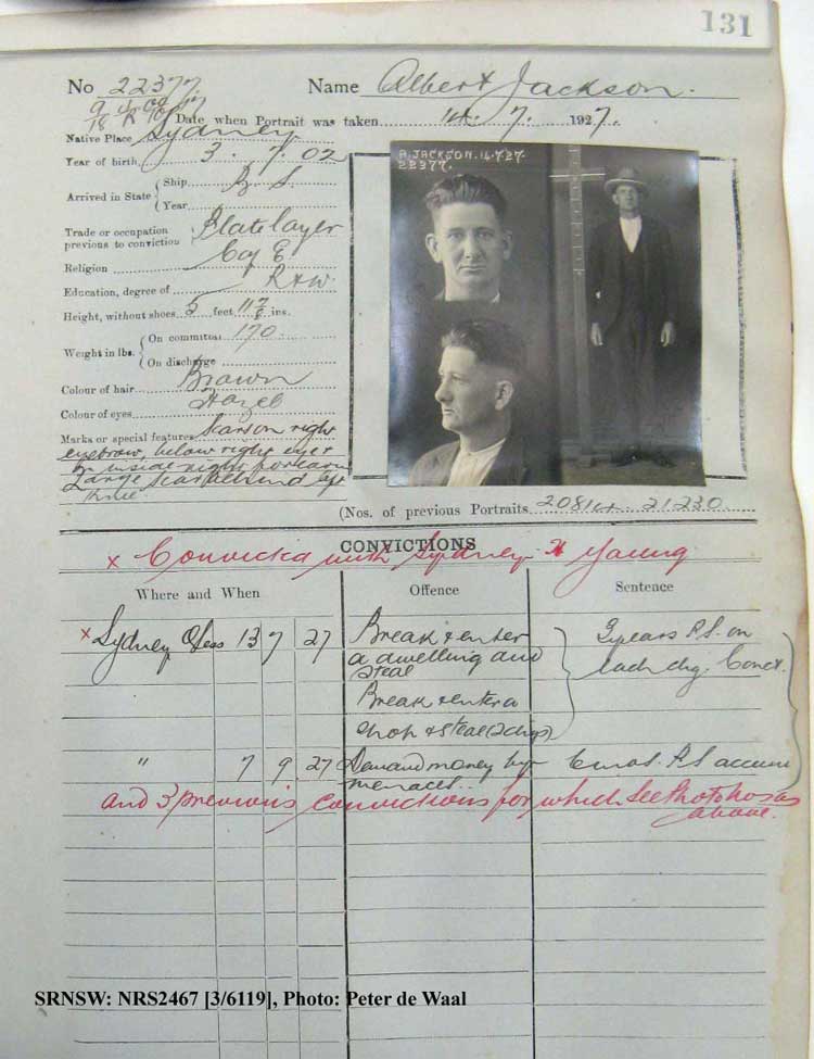 SRNSW: NRS2467, [3/6119], State Penitentiary photographic description book, 5 May 1927-7 Oct 1927, No. 22377, p. 131.