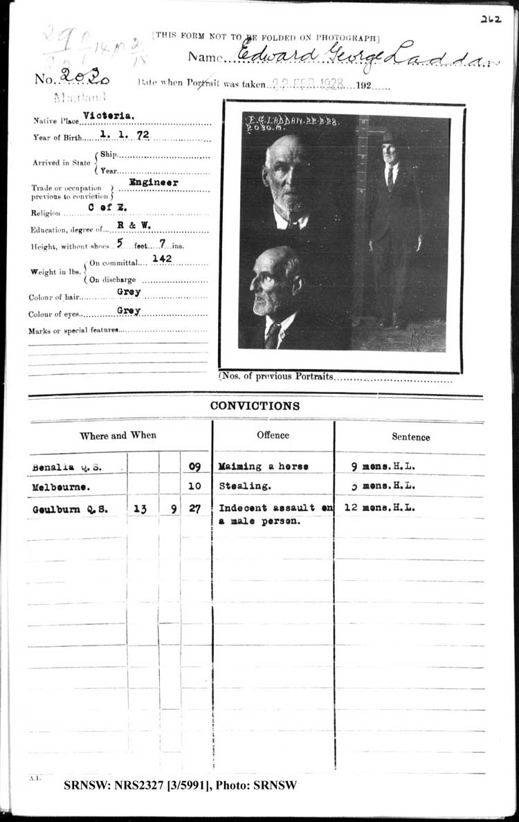 SRNSW: NRS2327, [3/5991], Maitland Gaol Photograph description sheets, 1875-1930, No. 2030, p. 262, R5132.