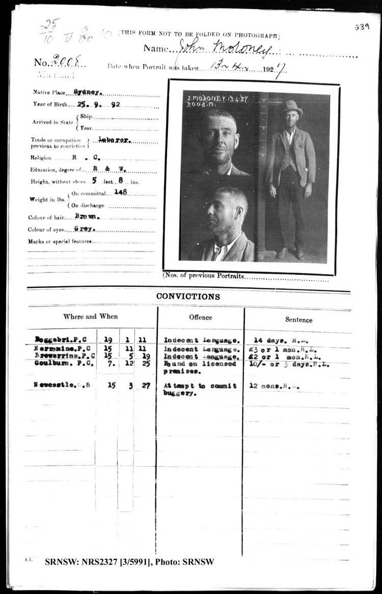 SRNSW: NRS2327, [3/5991], Maitland Gaol photographic description book, 1875-1930, No. 2008, p. 239, R5132.