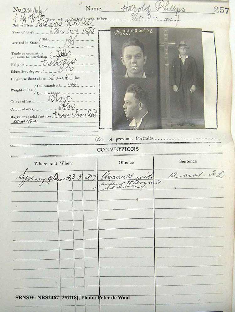 SRNSW: NRS2467, [3/6118], State Penitentiary photographic description book, 19 Nov 1926-5 May 1927, No. 22166, p. 257.
