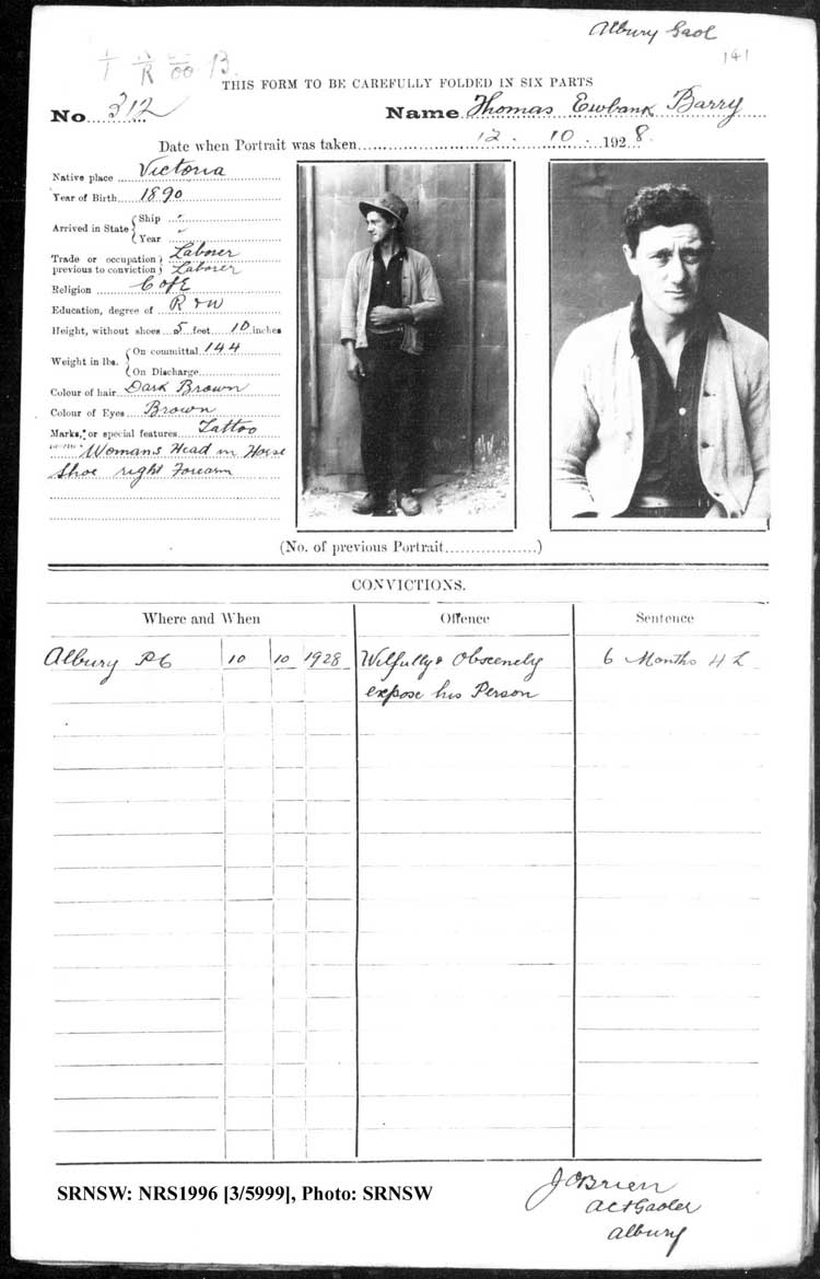 SRNSW: NRS1966, [3/5999], Albury Gaol photographic description book, 1910-1929, No. 312, p. 141, R5082.