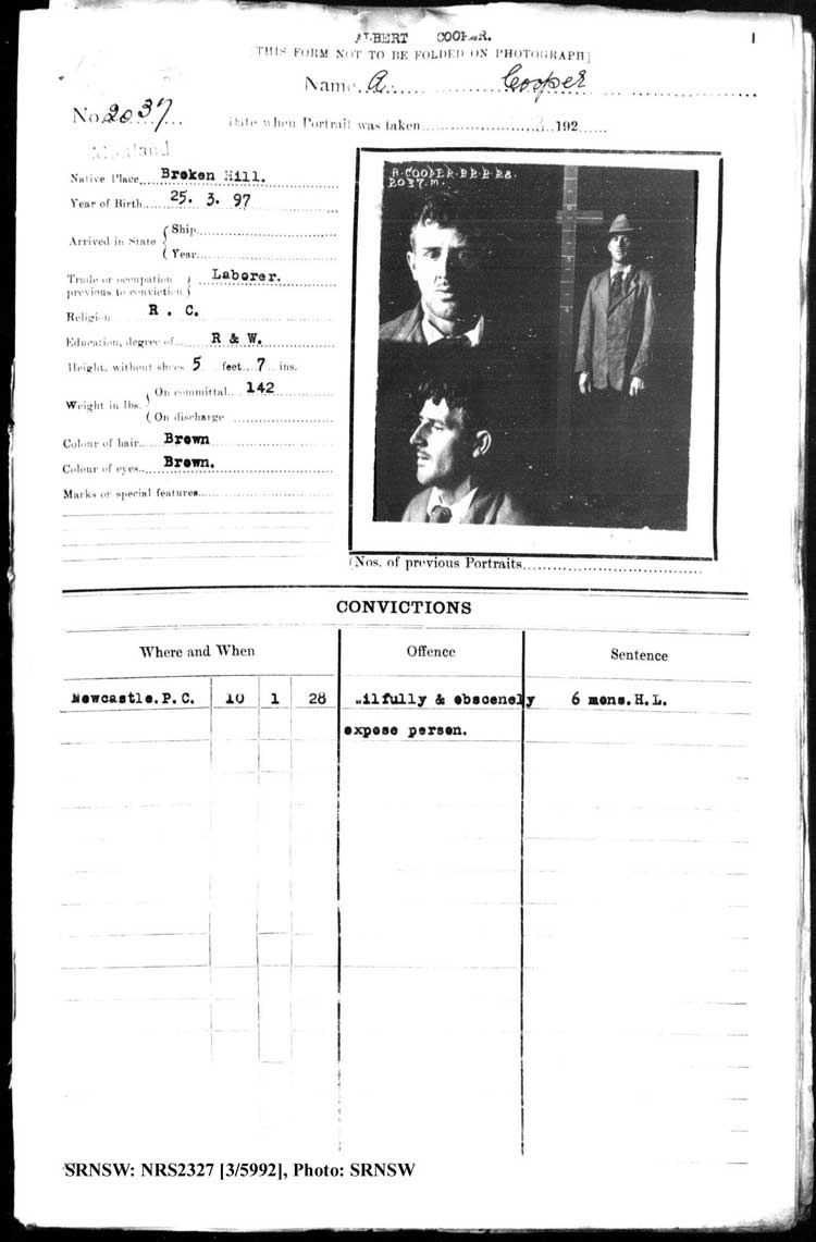 SRNSW: NRS2327, [3/5992], Maitland Gaol Photograph description sheets, 1875-1930, No. 2037, p. 1, R5132.