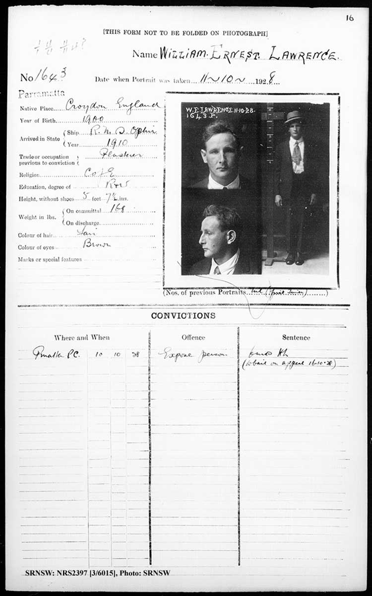 SRNSW: NRS2397, [3/6015], Parramatta Gaol photographic description book, 1929-1930, No. 1643, p. 16, R5138.