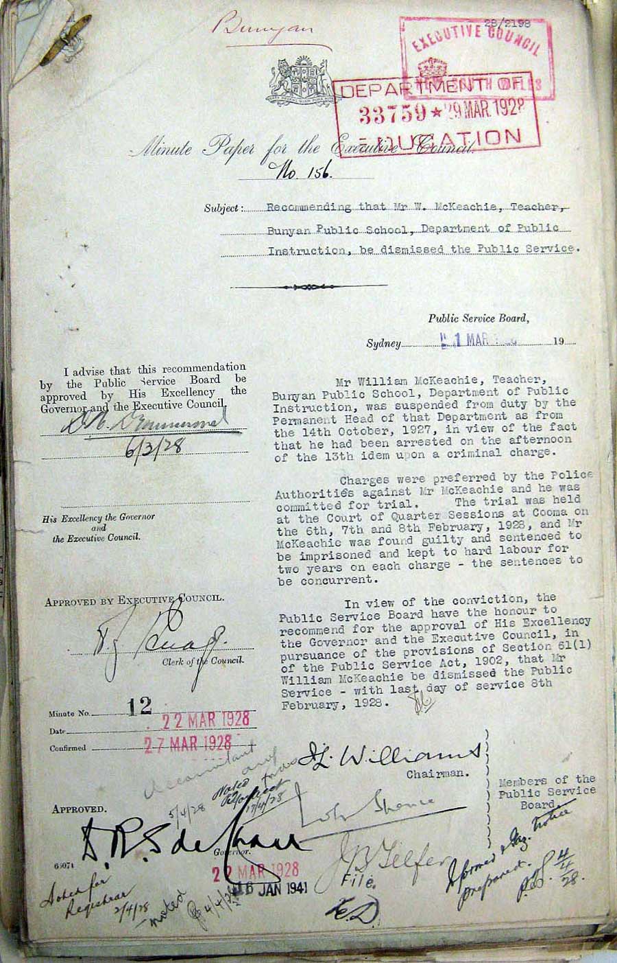 William McKeachie’s dismissal Minute Paper for the NSW Executive Council, March 1928. Photo: Peter de Waal