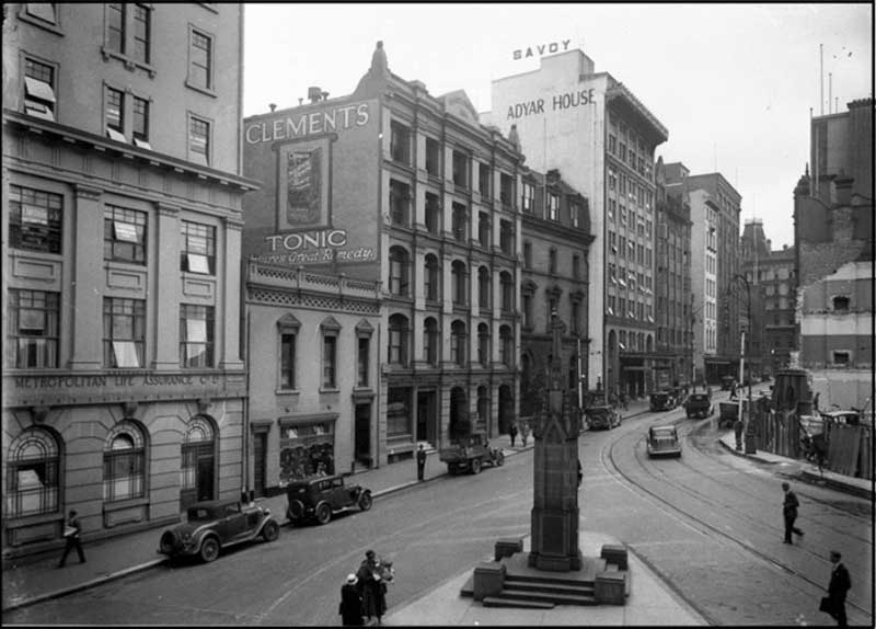 Bligh Street: Metropolitan Life Assurance, Elliott’s & Australian Drug Co, The New South Wales Club, Adyar House, Savoy Theatre, c.1935. Image: NSW State Library collection. Reproduction: Peter de Waal