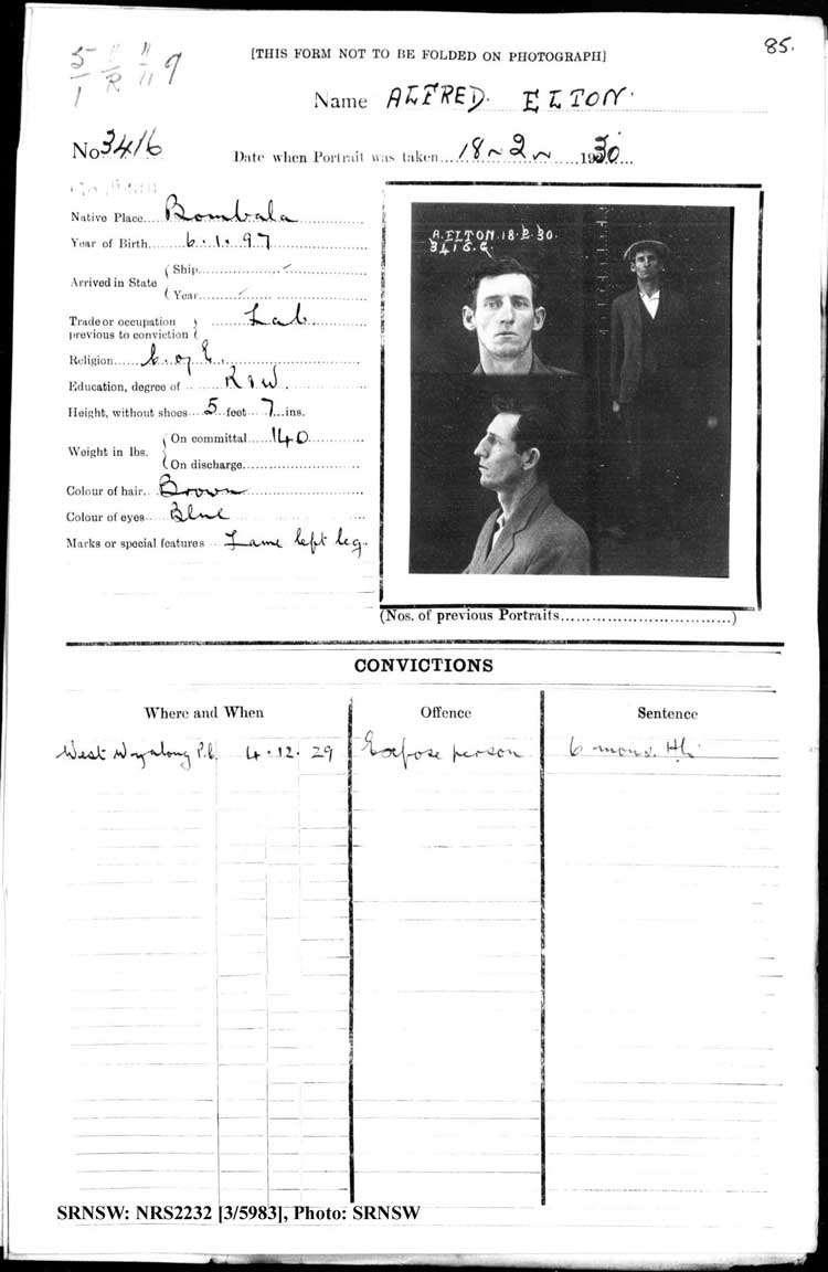 SRNSW: NRS2232, [3/5983], Goulburn Gaol photographic description book, 6 Jun 1928-18 Feb 1930, No. 3416, p. 85, R5123.