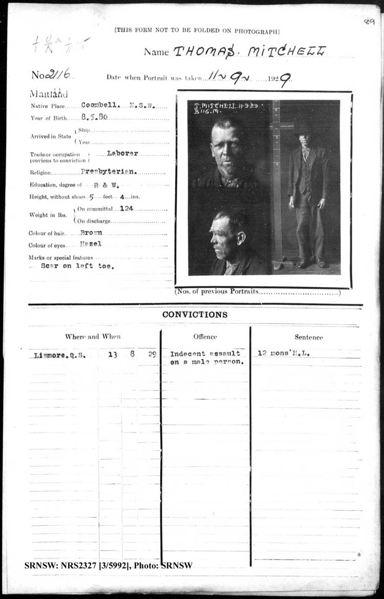 SRNSW: NRS2327, [3/5992], Maitland Gaol Photograph description sheets, 1875-1930, No. 2116, p. 89, R5132.