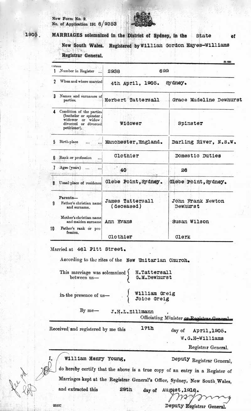 Herbert Tattersall and Grace Madeline Dewhurst, 4 Apr 1905, marriage certificate. Photo: Peter de Waal