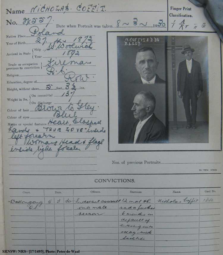 SRNSW: NRS– [17/1495], State Penitentiary photographic description book, 3 Dec 1929-20 Mar 1930, No. 24557, p. –.