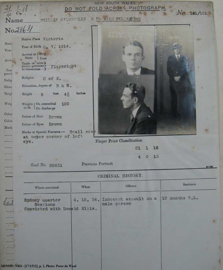 SRNSW: NRS– [17/1512], State Penitentiary photographic description book, 10 Oct 1934-21 Feb 1935, No. 28631, p. –. (p.1)